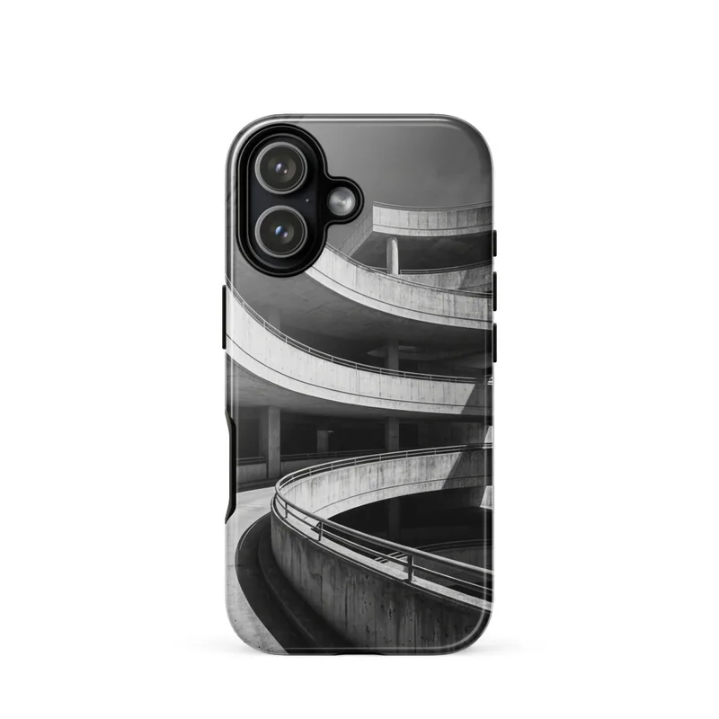 Sweeping Curved Concrete Parking Ramp Tough Phone Case, black and white architecture photography, geometric design, iPhone 15, 16 and 17 case