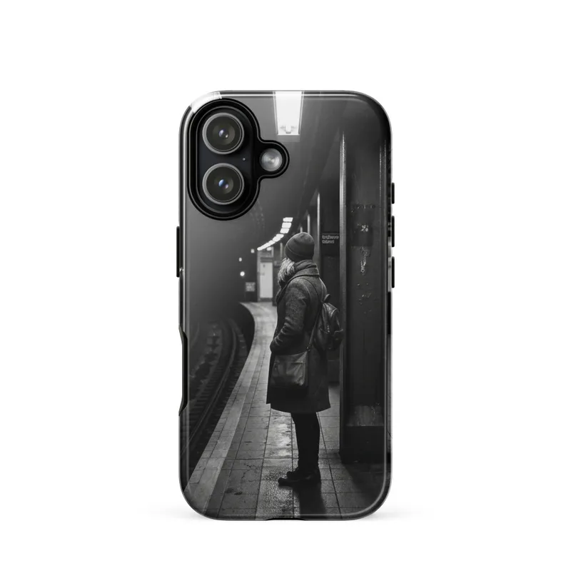 Solitary Commuter Tough Phone Case, black and white street photography, film-noir style, commuter gift, iPhone 15, 16 and 17 case
