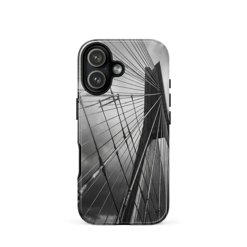 Modern Suspension Bridge Cables Tough Phone Case, iPhone 15, 16 and 17 case, monochrome architecture photography, gift for design lovers