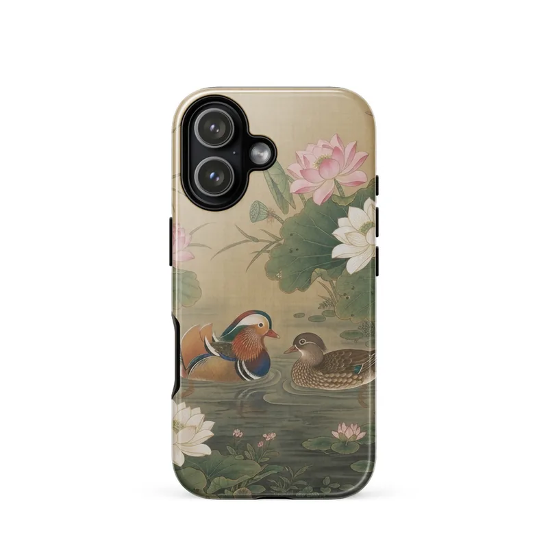 Mandarin Ducks & Lotus Tough Phone Case, Chinese gongbi painting, silk-textured art, iPhone 15, 16 and 17 case, gift for Chinese art lovers