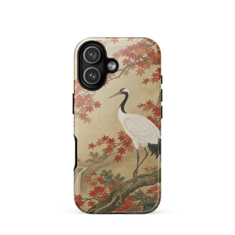 White Crane with Red Maple Leaves Tough Phone Case, iPhone 15, 16 and 17 case, Chinese gongbi art, refined gift for art lovers