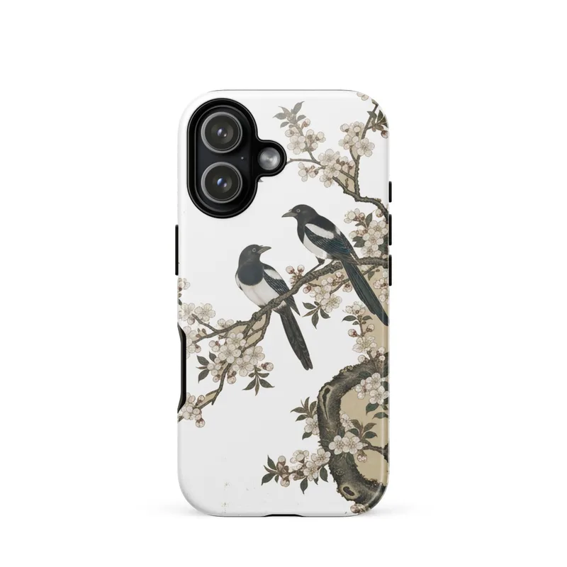 Magpies on Plum Branch Tough Phone Case, gongbi Chinese art, Song dynasty style, auspicious gift, iPhone 15, 16 and 17 case