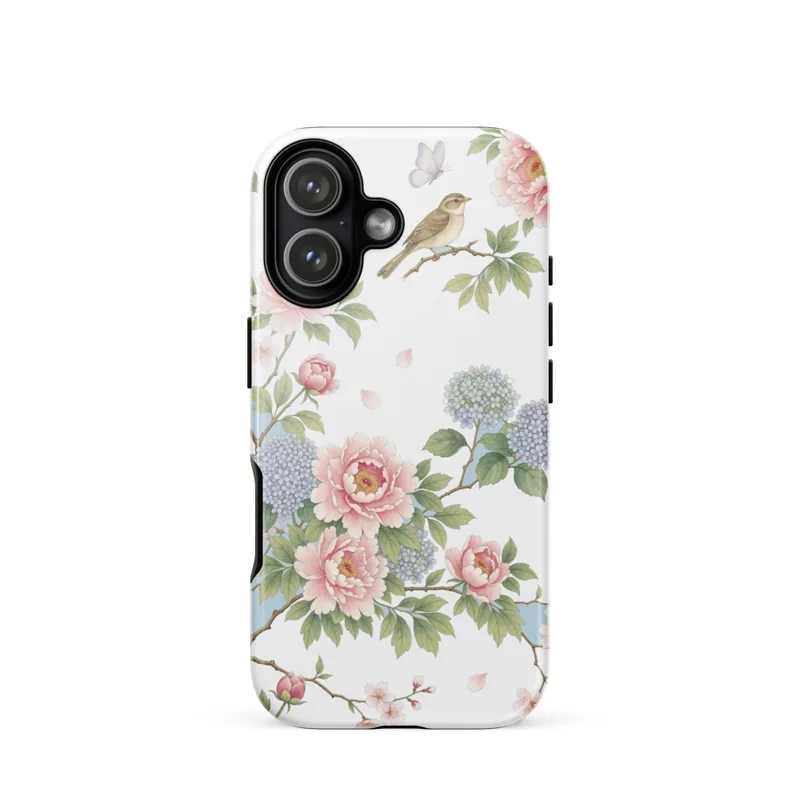 Soft Blue Peony Chinoiserie Tough Phone Case, iPhone 15, 16 and 17 case, pastel floral style, elegant gift for her