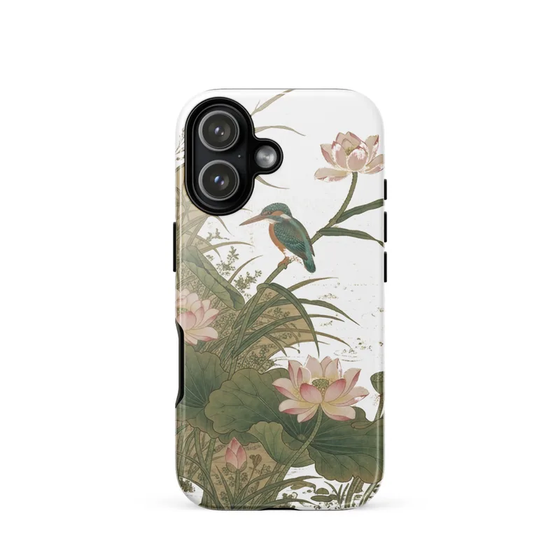 Kingfisher & Lotus Tough Phone Case, iPhone 15, 16 and 17 case, Chinese gongbi art, elegant gift for bird lovers