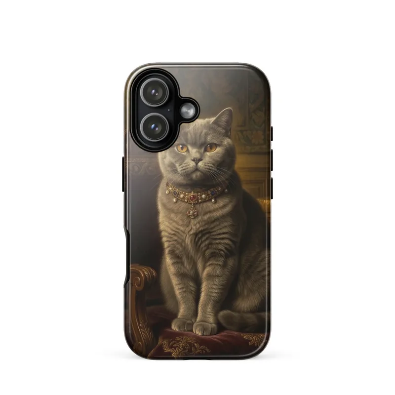 British Shorthair on Red Throne Tough Phone Case, iPhone 15, 16 and 17 case, Dutch master cat portrait, regal cat gift