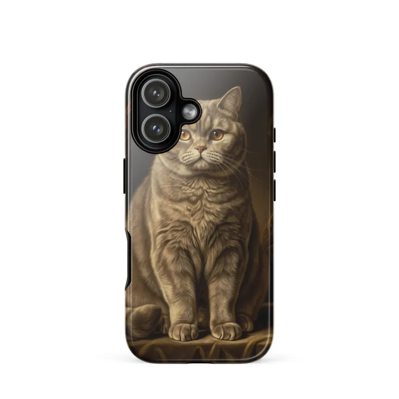 British Shorthair Tough Phone Case, Dutch master style, iPhone 15, 16 and 17 case, regal cat gift, dark golden portrait