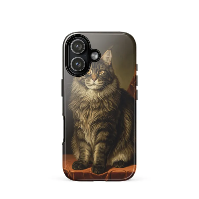 Maine Coon Portrait Tough Phone Case, iPhone 15, 16 and 17 case, Dutch master style, cat lover gift, regal pet portrait