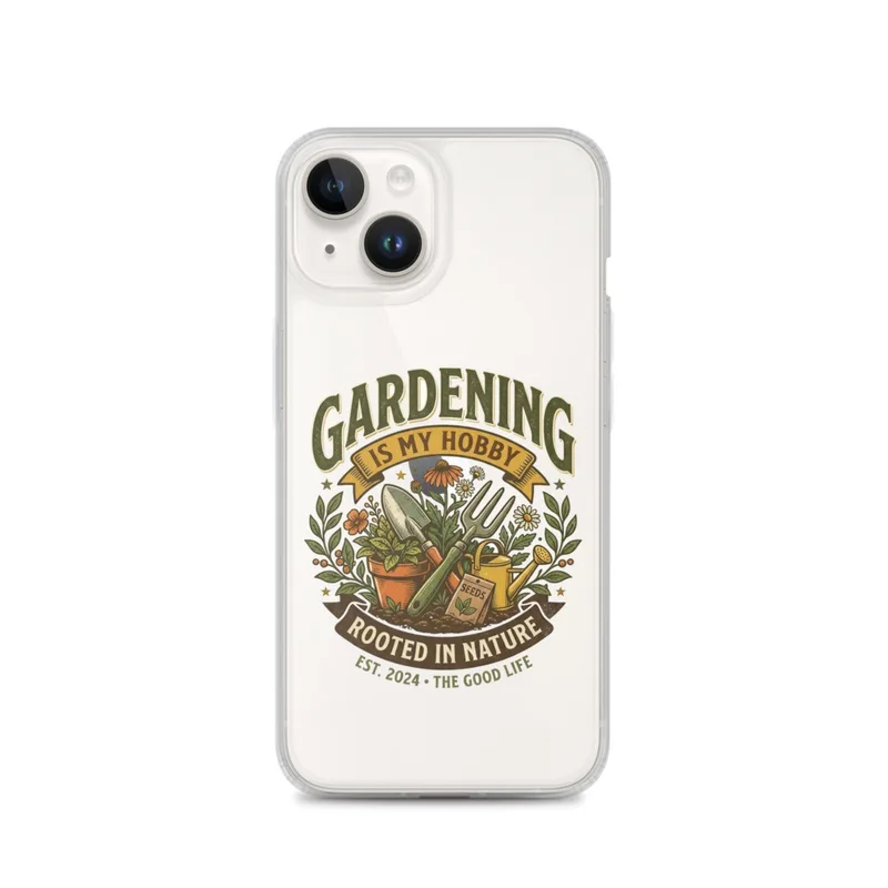 Gardening Clear Phone Case, iPhone 14, 15, 16 and 17 case, vintage garden art, earthy colors, gift for gardeners