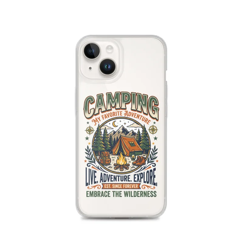 Camping Clear Phone Case, iPhone 14, 15, 16 and 17 case, bold vintage typography, retro outdoor, camping gift idea