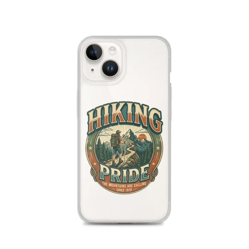 Hiking Clear Phone Case, iPhone 14, 15, 16 and 17 case, bold vintage typography, gifts for hikers, trail lover gift