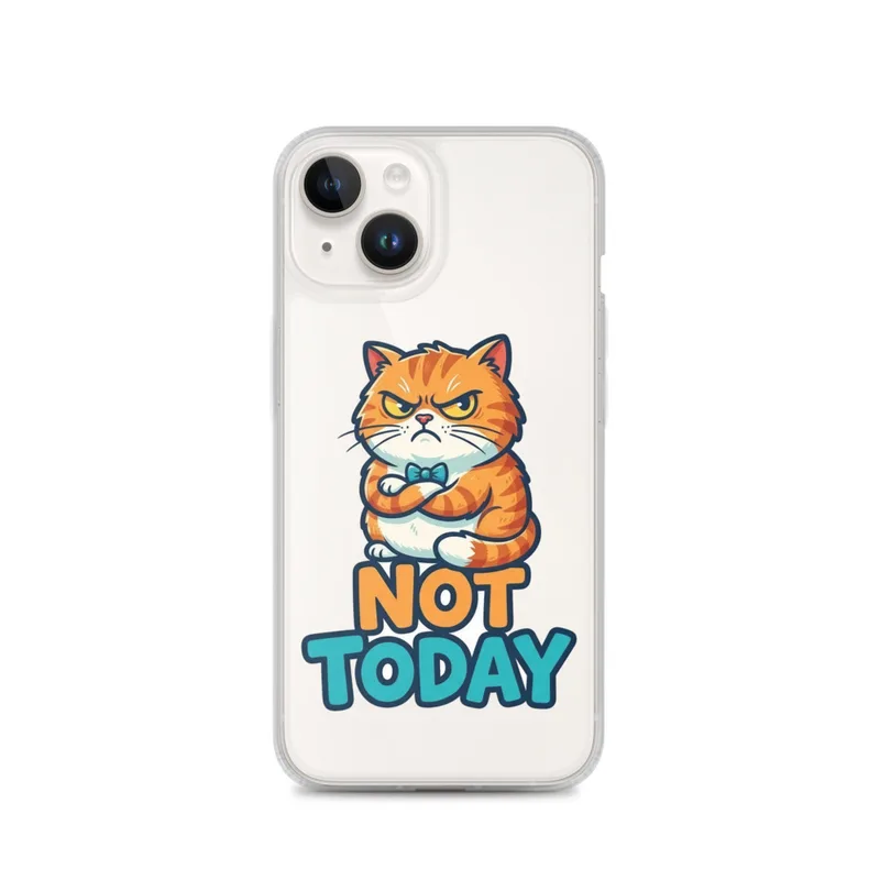 Grumpy Cat Not Today Clear Phone Case, iPhone 14, 15, 16 and 17 case, funny cartoon graphic, playful gift, cat lover accessory