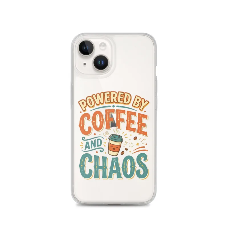 Coffee And Chaos Clear Phone Case, iPhone 14, 15, 16 and 17 case, retro typography, coffee lover gift, everyday phone style