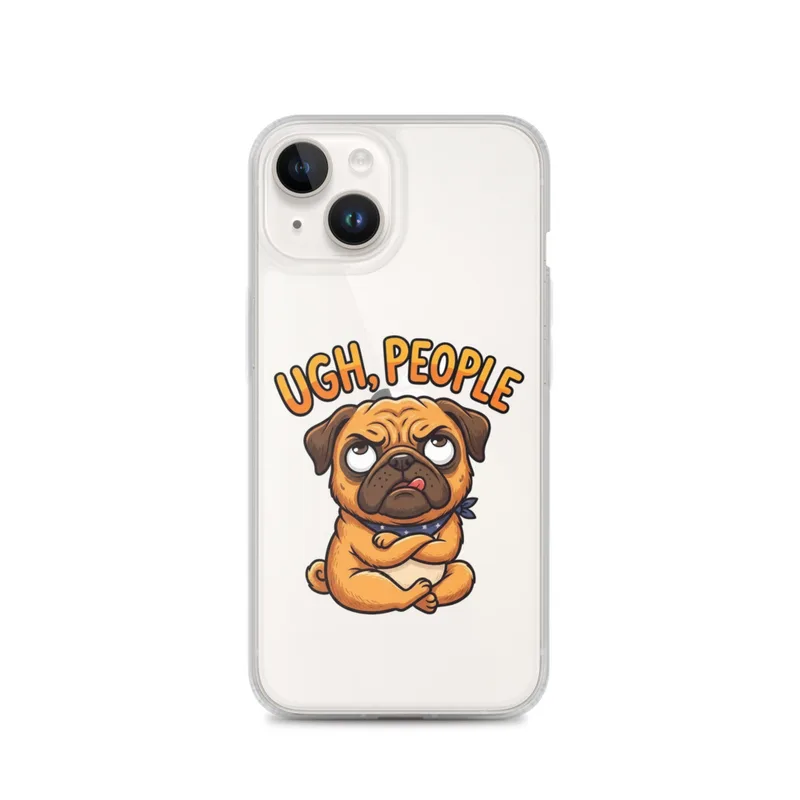 Grumpy Pug Clear Phone Case, iPhone 14, 15, 16 and 17 case, funny cartoon design, pug lover gift, playful phone accessory