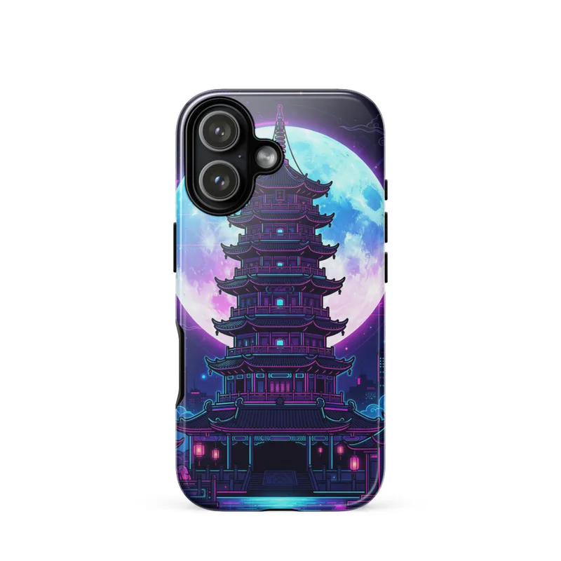 Neon Pagoda Moon Tough Phone Case, neo-Chinese graphic art, cyber-oriental style, everyday iPhone 15, 16 and 17 case, gift for design lovers