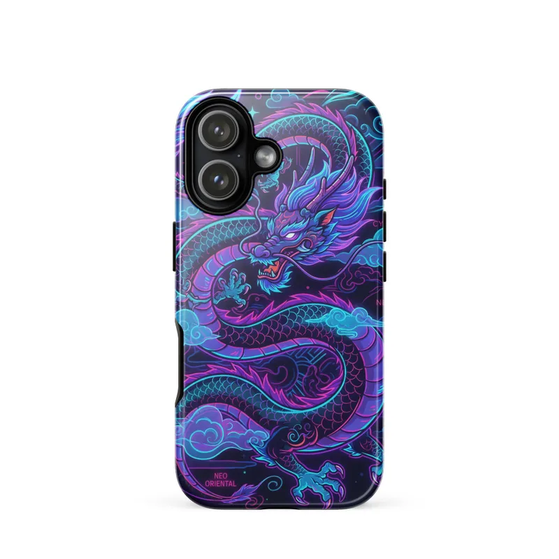 Neon Dragon Tough Phone Case, cyber-oriental style, bold graphic design, iPhone 15, 16 and 17 case, dragon gift