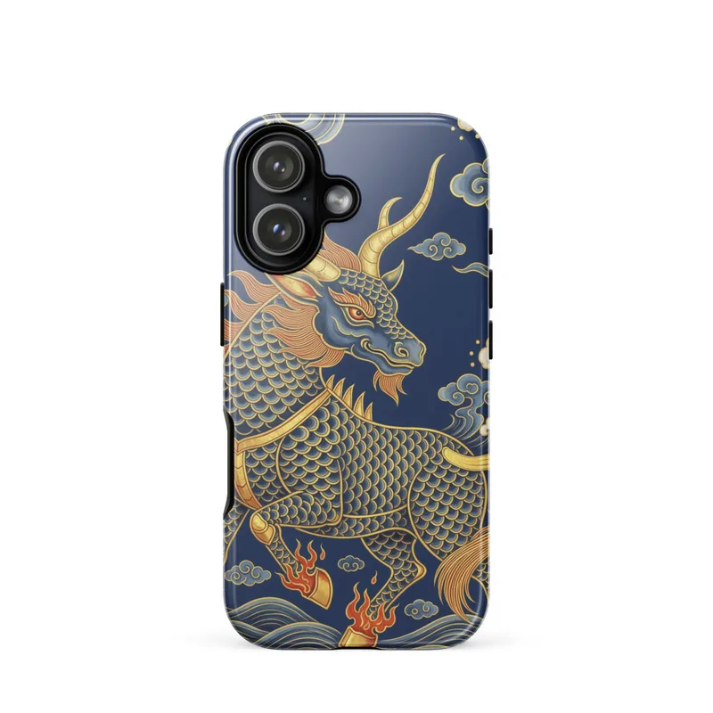 Qilin Tough Phone Case, iPhone 15, 16 and 17 case, Chinese mythical beast art, ink and gold style, auspicious gift for Qilin fans