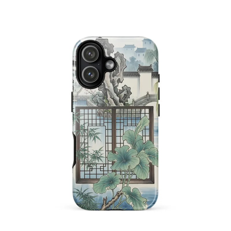 Garden Lattice Window Tough Phone Case, Chinese ink painting, Jiangnan garden style, iPhone 15, 16 and 17 case, gift for art lovers