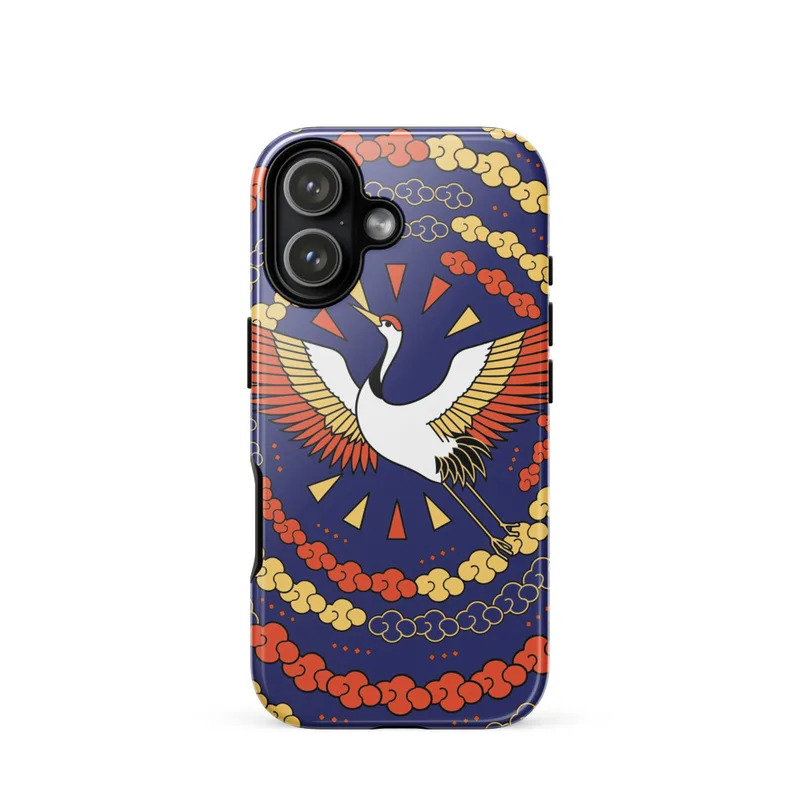 Guochao Crane Tough Phone Case, iPhone 15, 16 and 17 case, Chinese pop-art style, colourful phone accessory, gift for crane lovers