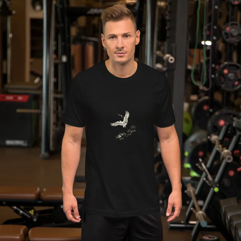 Dancing Crane on Pine T-Shirt, crane and pine art, nature graphic tee, bird lovers gift, everyday casual wear