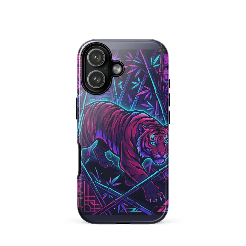 Neon Tiger Tough Phone Case, cyber-oriental neon art, iPhone 15, 16 and 17 case, bold everyday carry, gift for tiger lovers