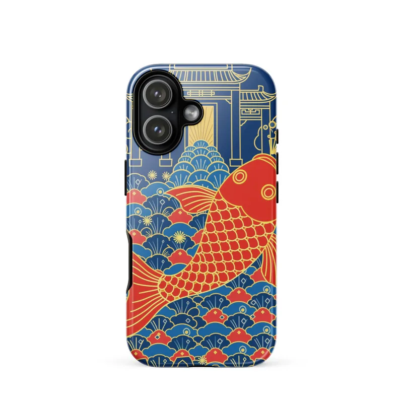 Leaping Koi Tough Phone Case, neo-Chinese guochao pop art, iPhone 15, 16 and 17 case, everyday phone cover, gift for koi and Chinese art fans