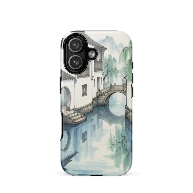 Jiangnan Water-Town Tough Phone Case, traditional Chinese ink art, iPhone 15, 16 and 17 case, landscape art gift, water-town decor
