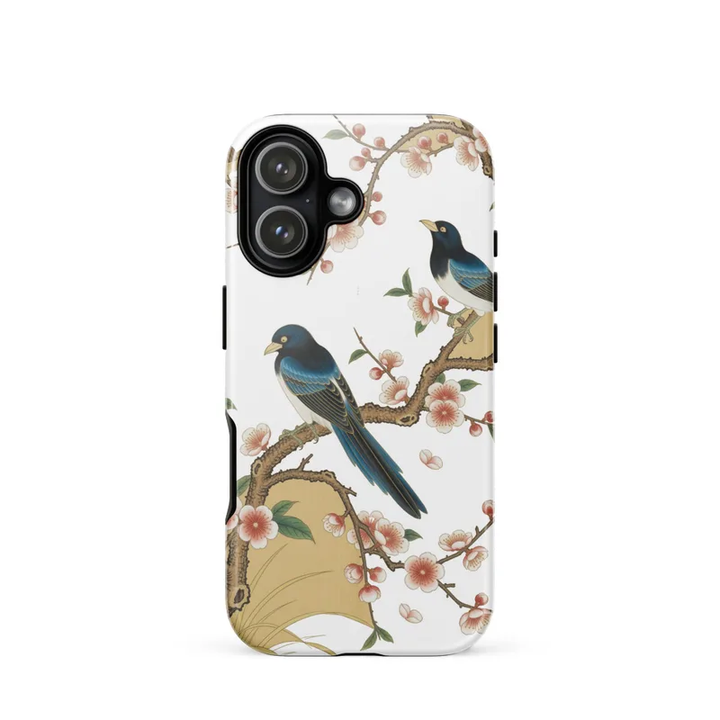 Magpies and Plum Branch Tough Phone Case, iPhone 15, 16 and 17 case, gongbi Chinese art, auspicious gift for art lovers