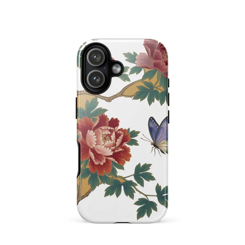 Peony & Butterflies Tough Phone Case, iPhone 15, 16 and 17 case, Chinese gongbi art, auspicious gift for art lovers