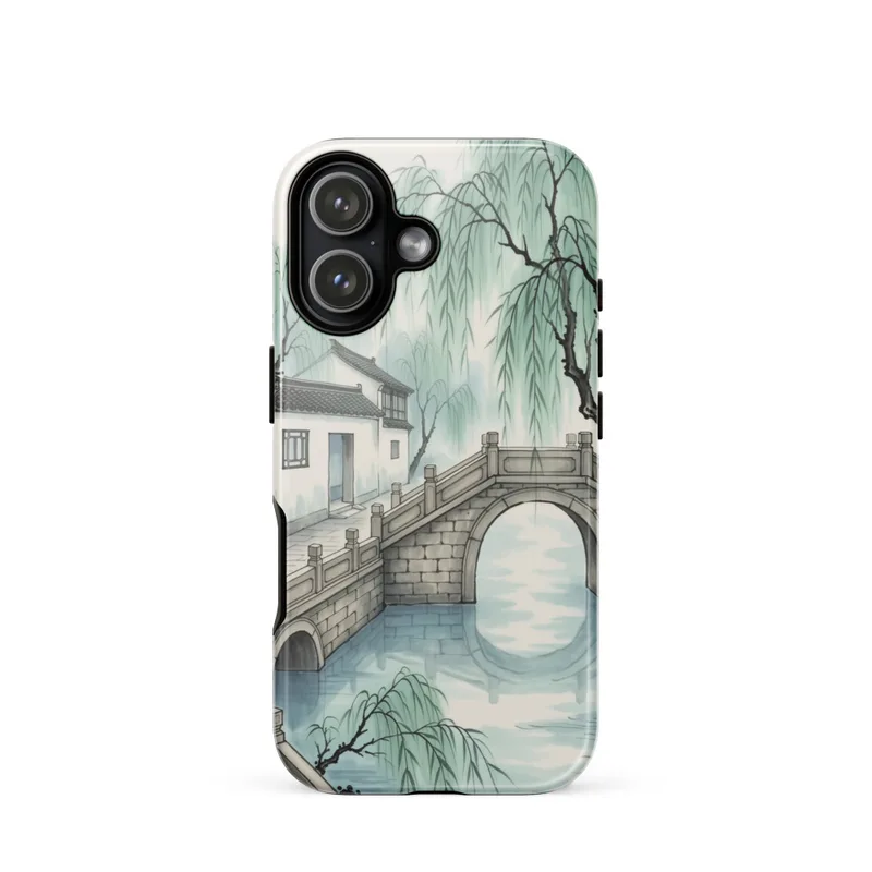 Willow Zigzag Bridge Tough Phone Case, iPhone 15, 16 and 17 case, Chinese ink-and-colour art, Jiangnan garden style, gift for art lovers