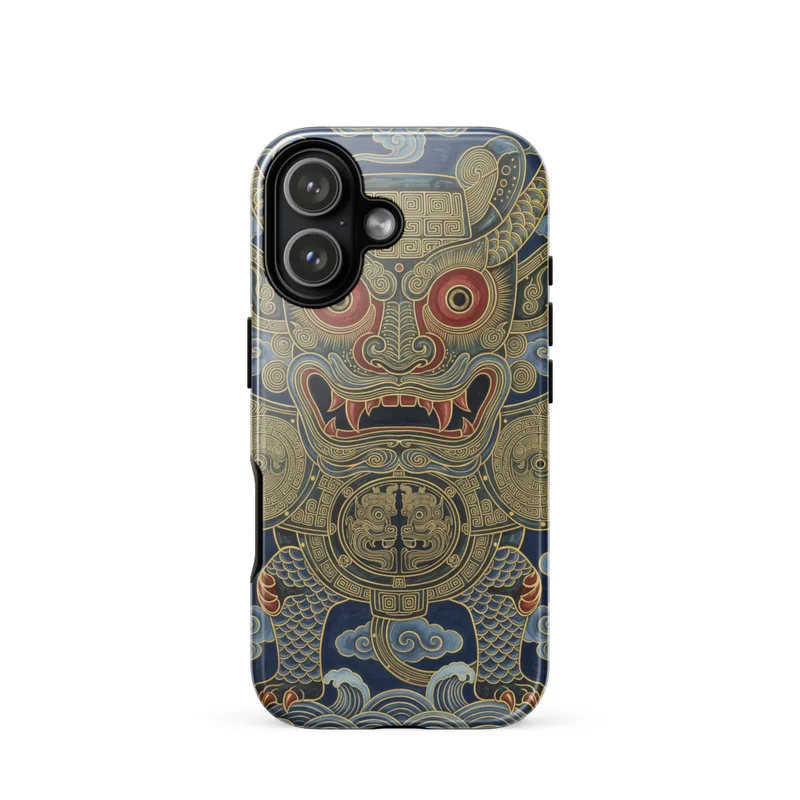 Taotie 饕餮 Tough Phone Case, Chinese mythical guardian art, indigo ink and gold style, iPhone 15, 16 and 17 case, gift for art lovers