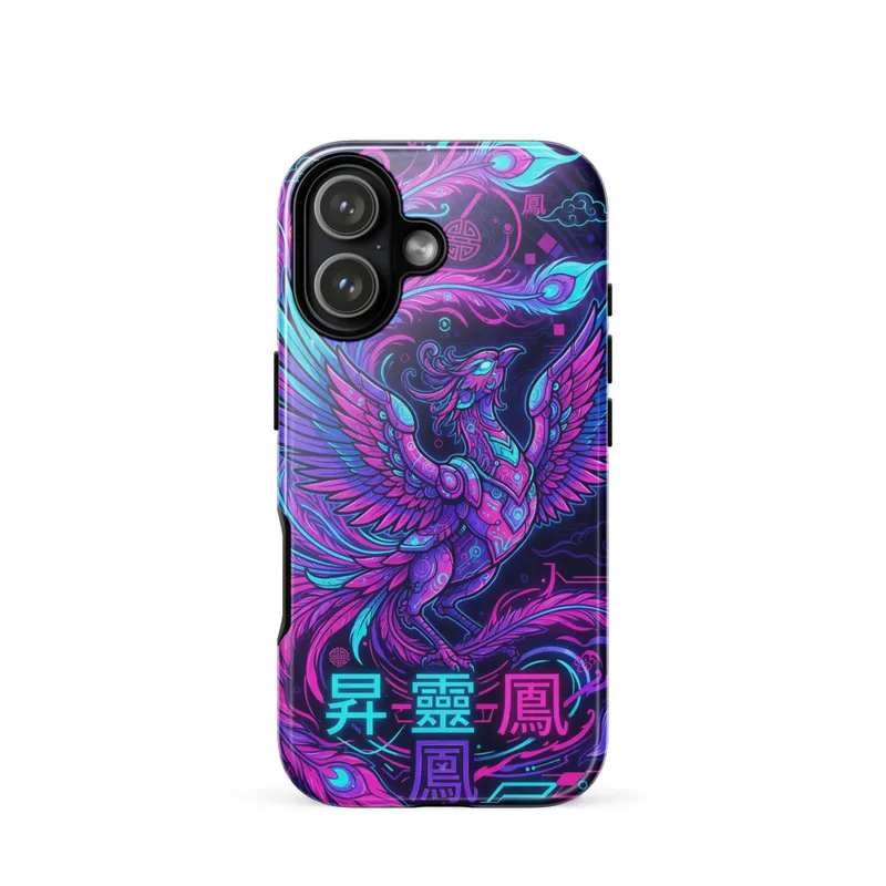 Neon Phoenix Tough Phone Case, neo-Chinese neon art, cyber-oriental style, iPhone 15, 16 and 17 case, gift for graphic design fans