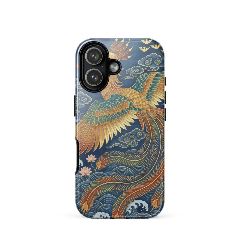 Fenghuang Phoenix Tough Phone Case, traditional ink and gold art, auspicious Chinese gift, iPhone 15, 16 and 17 case