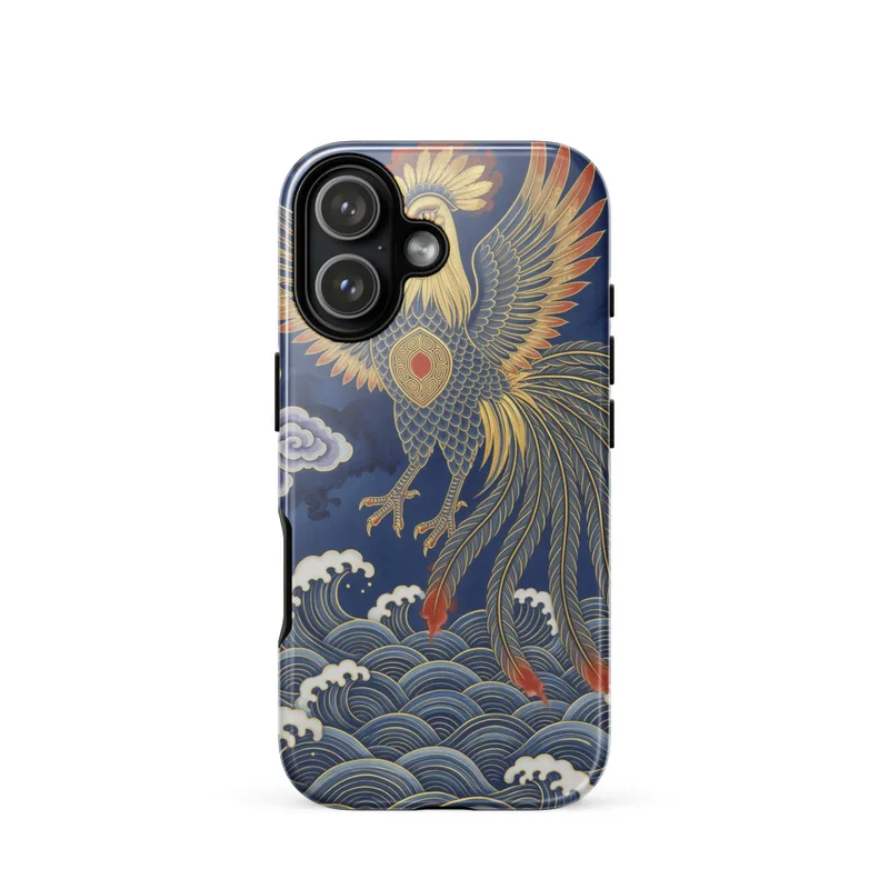 Chongming Bird Tough Phone Case, iPhone 15, 16 and 17 case, Chinese mythical bird art, ink and gold style, gift for bird lovers