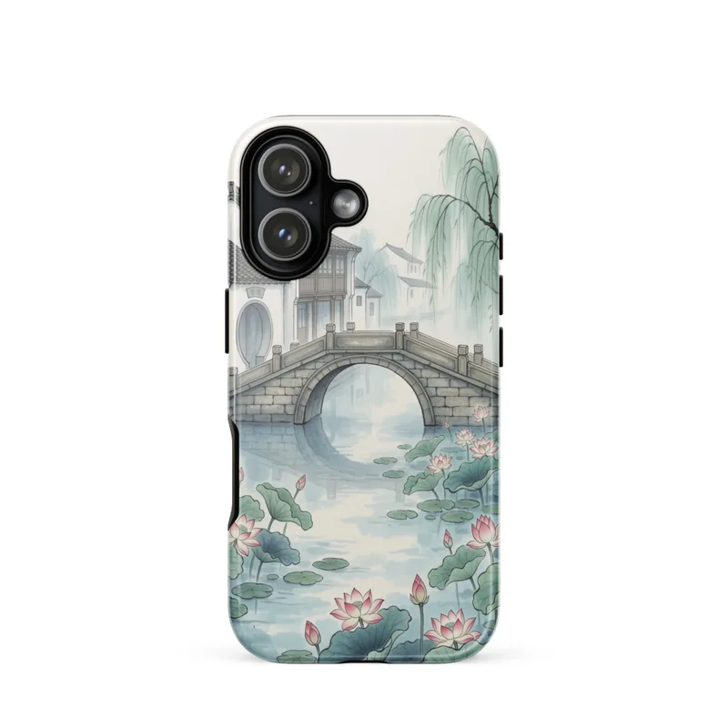 Lotus Canal Bridge Tough Phone Case, iPhone 15, 16 and 17 case, Chinese ink art, Jiangnan water-town gift