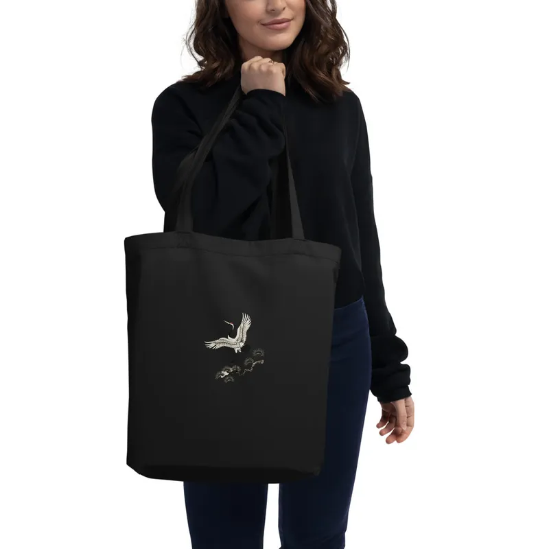 Dancing Crane on Pine Tote Bag, East Asian nature art, everyday market and library tote, bird and nature lover gift