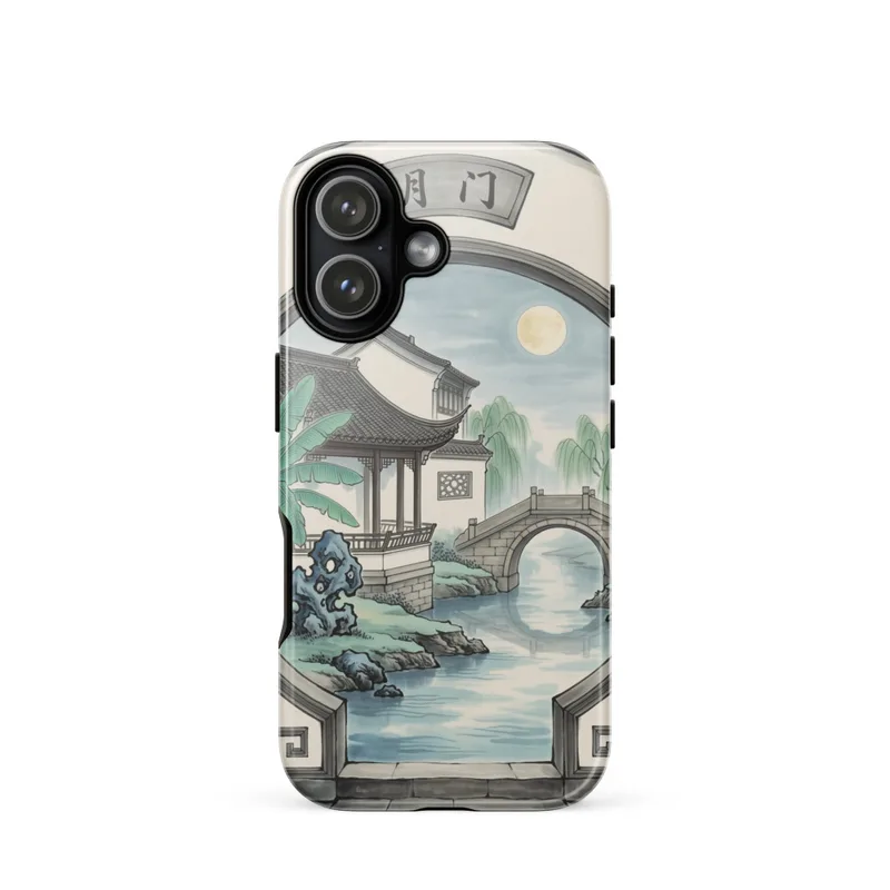 Moon Gate Courtyard Tough Phone Case, iPhone 15, 16 and 17 case, Chinese ink painting phone case, Jiangnan garden gift