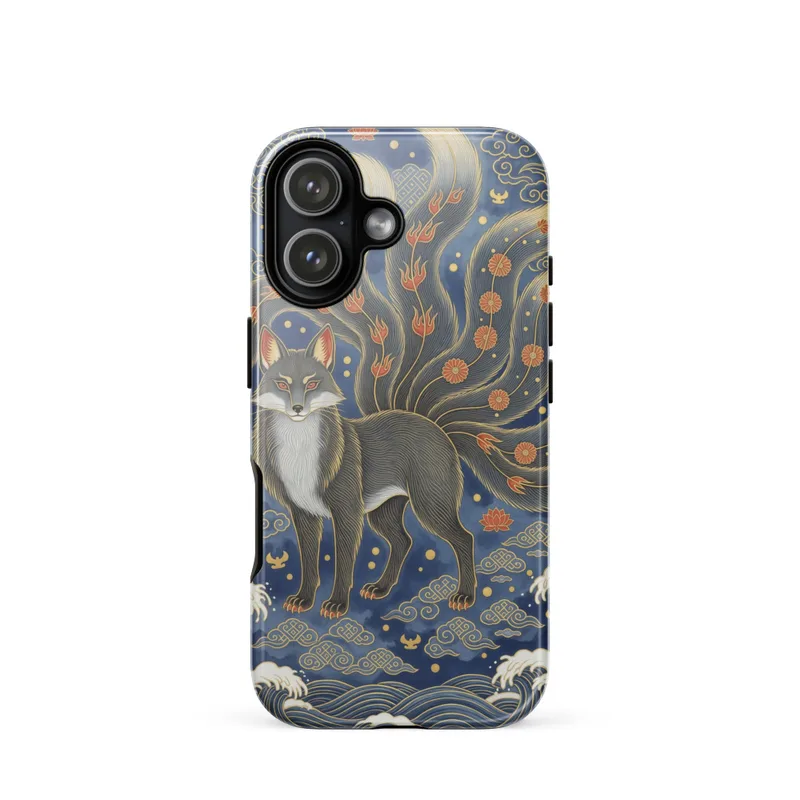 Nine-Tailed Fox Over Waves Tough Phone Case, Chinese ink art, mythical creature design, iPhone 15, 16 and 17 case, folklore gift