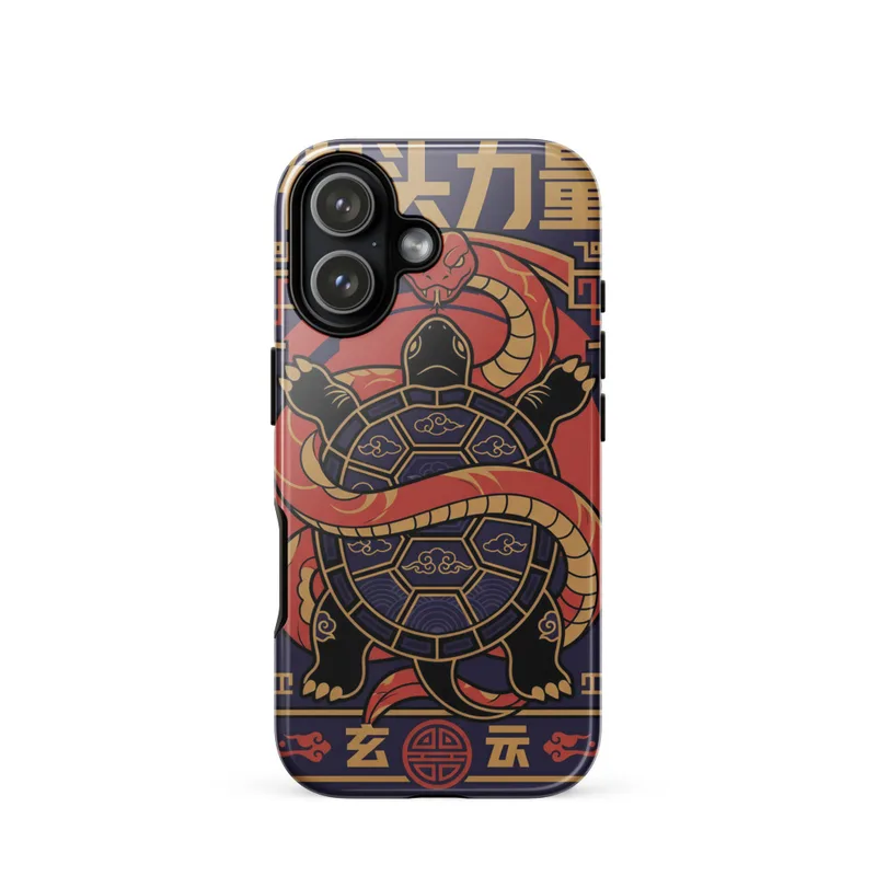 Black Tortoise Emblem Tough Phone Case, guochao graphic, Chinese streetwear style, iPhone 15, 16 and 17 case, gift for design lovers