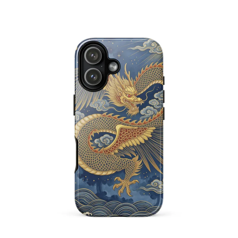 Yinglong Tough Phone Case, Chinese dragon ink art, traditional ink-and-gold style, iPhone 15, 16 and 17 case, mythology gift
