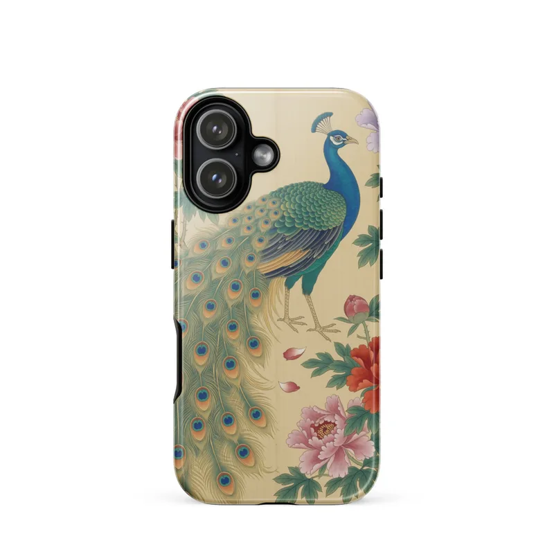 Peacock & Peony Tough Phone Case, Chinese gongbi art, iPhone 15, 16 and 17 case, elegant gift for bird-and-flower art lovers