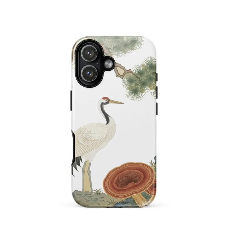 Red-Crowned Crane Tough Phone Case, iPhone 15, 16 and 17 case, Song dynasty bird-and-flower art, aged silk texture, gift for art lovers