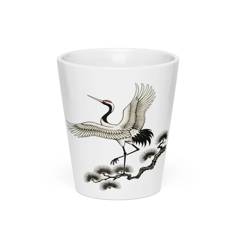 Crane Latte Mug, classical oriental ink art, ceramic drinkware, cozy café and garden mornings, gift for art lovers