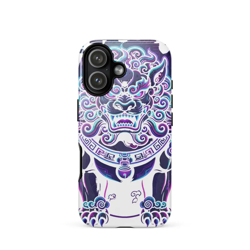 Neon Guardian Lion Tough Phone Case, iPhone 15, 16 and 17 case, cyber-oriental neon style, everyday accessory, gift for lion lovers