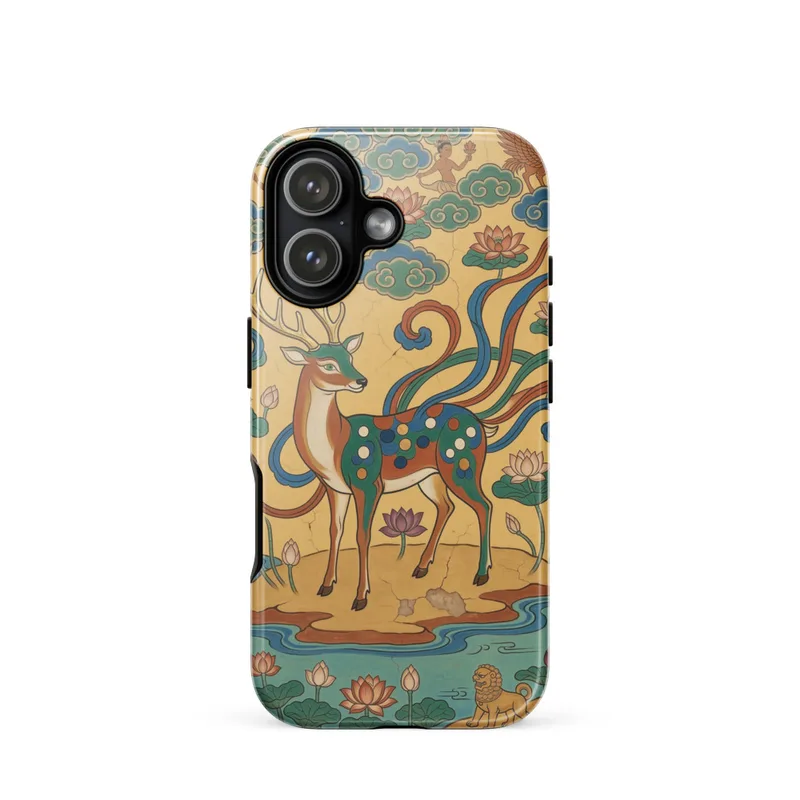 Nine-Coloured Deer Tough Phone Case, Dunhuang-inspired mural art, iPhone 15, 16 and 17 case, lotus and river design, art gift for deer lovers