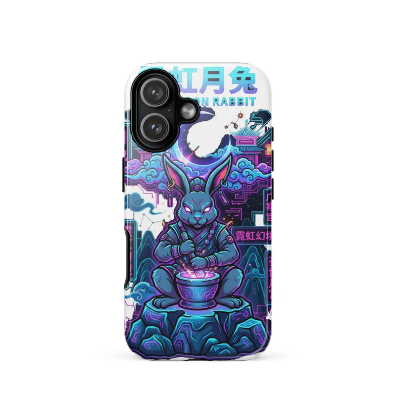Neon Moon Rabbit Tough Phone Case, neo-Chinese neon art, iPhone 15, 16 and 17 case, graphic design gift, bold everyday style