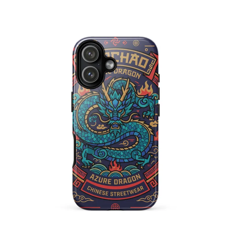 Azure Dragon Emblem Tough Phone Case, guochao graphic art, Chinese streetwear style, iPhone 15, 16 and 17 case, dragon gift