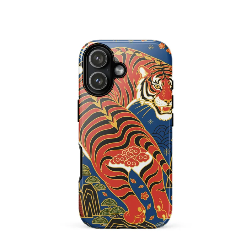 Guochao Tiger Tough Phone Case, neo-Chinese pop art, iPhone 15, 16 and 17 case, bold red indigo and gold, gift for tiger lovers