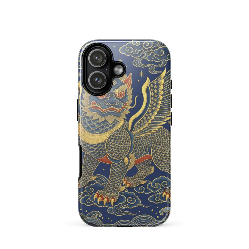 Pixiu 貔貅 Tough Phone Case, Chinese mythology art, ink and gold style, iPhone 15, 16 and 17 case, gift for design lovers