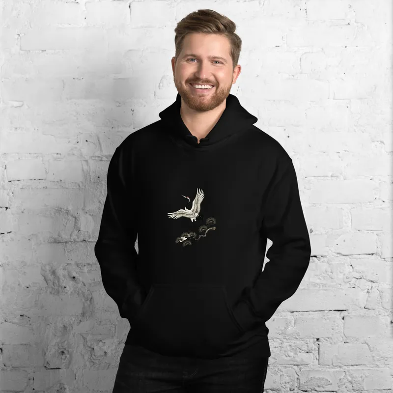 Dancing Crane on Pine Hoodie, nature-inspired crane art, woodland casual wear, everyday layering, gift for bird lovers