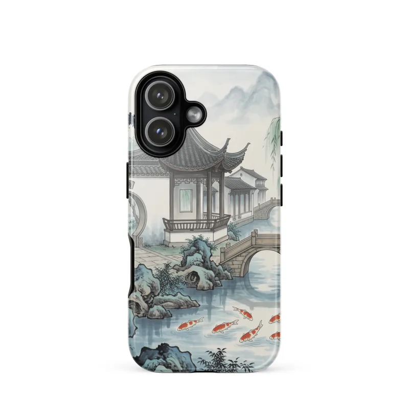 Lakeside Pavilion Tough Phone Case, traditional Chinese ink-and-colour art, iPhone 15, 16 and 17 case, Jiangnan garden gift, koi pond design